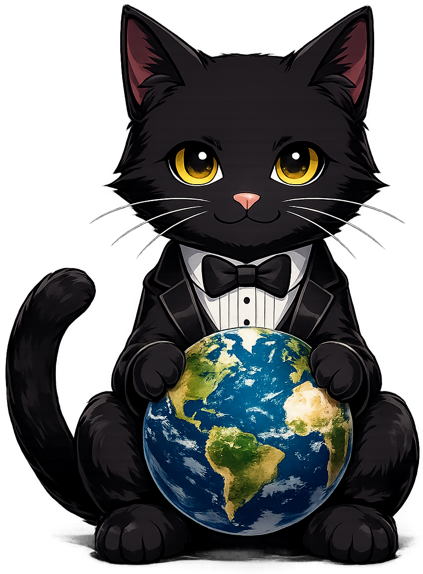 A black cat in anime-style wearing a tuxedo and holding a globe.
